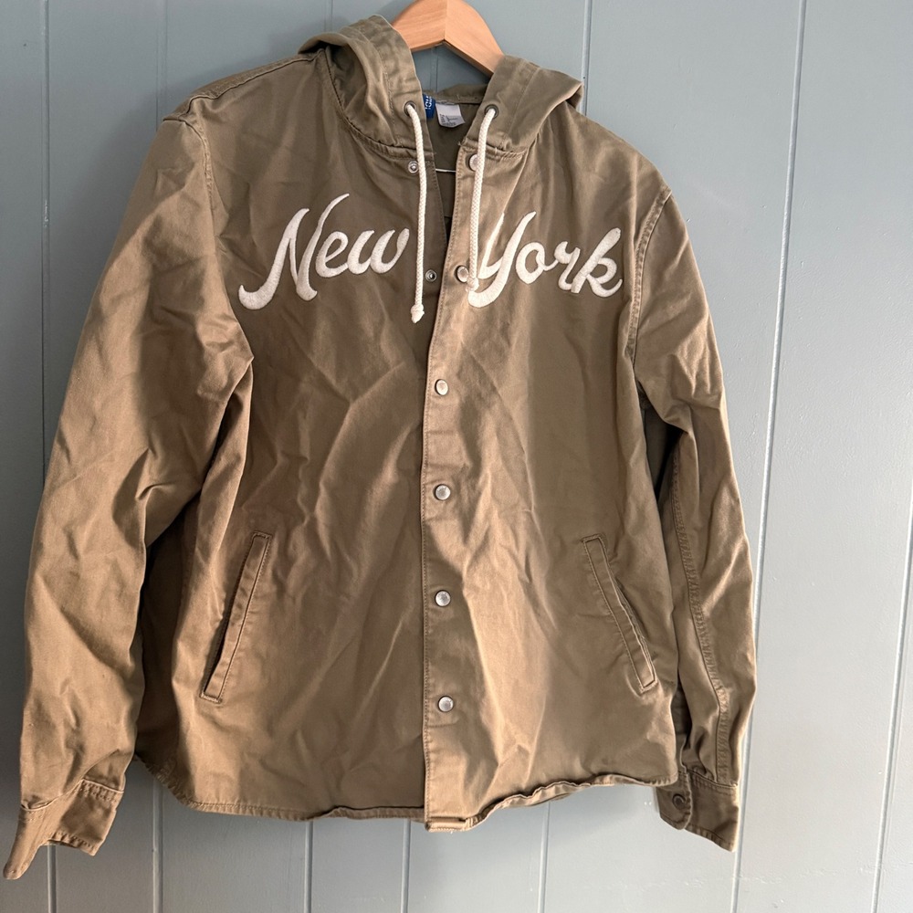 New York Embroidered Hooded Jacket Shacket Mens Large Khaki/Tan Modern Uniform